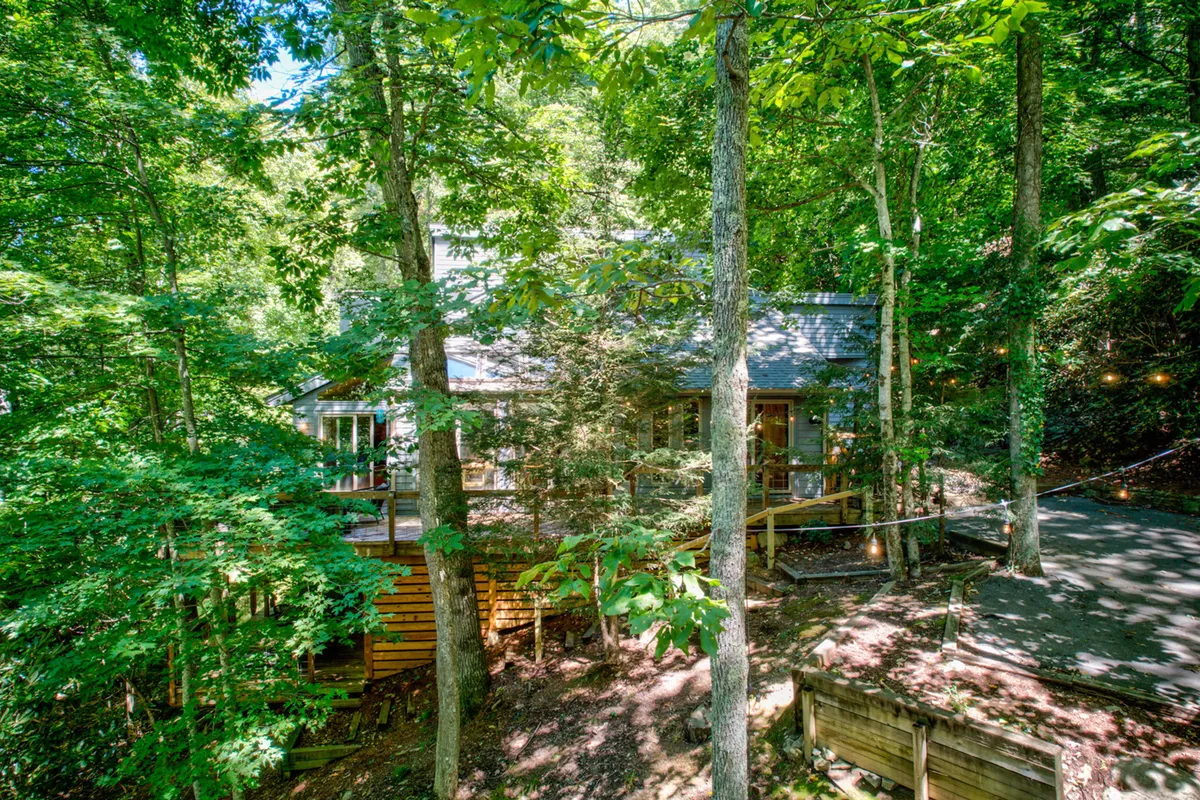 The image depicts a charming cabin nestled in the woods, with a spacious deck area visible among the surrounding trees. The scene evokes a peaceful, nature-inspired atmosphere and hints at opportunities for outdoor dining, barbecues, and stargazing, all while being immersed in the mountain setting.